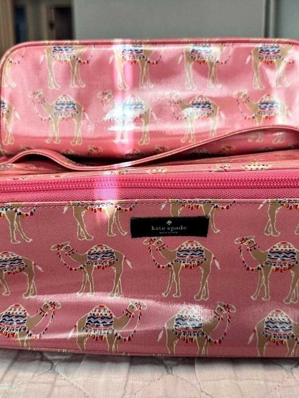 Kate Spade New York Pink Camel Print Makeup Bag w/ Matching Pouch